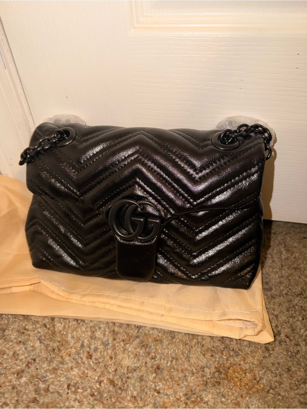 Gucci Black Chevron Quilted GG Leather Shoulder Bag